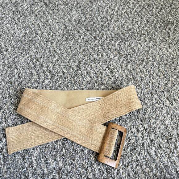 Banana Republic Belt Linen Natural Boho Wood Buckle Wide Waist Tan Size S NEW main image 5